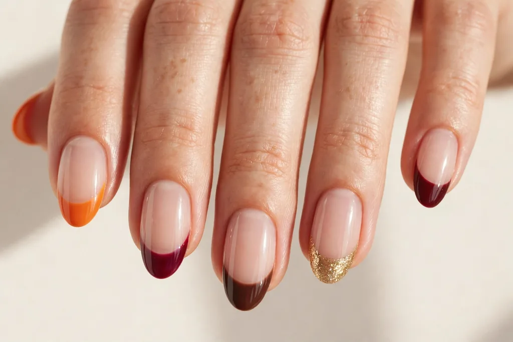 Potluck Mix-and-Match Friendsgiving French Tip Nails Friendsgiving French tip nails with a different tip color on each nail, including pumpkin orange, cranberry, chocolate, gold glitter, and burgundy, on a sheer nude base, shown on medium almond nails.