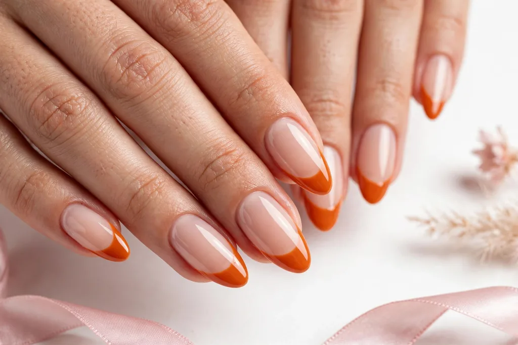 Pumpkin Orange Friendsgiving French Tip Nails Friendsgiving French tip nails with pumpkin orange glossy tips on a sheer nude base, shown on medium almond nails.