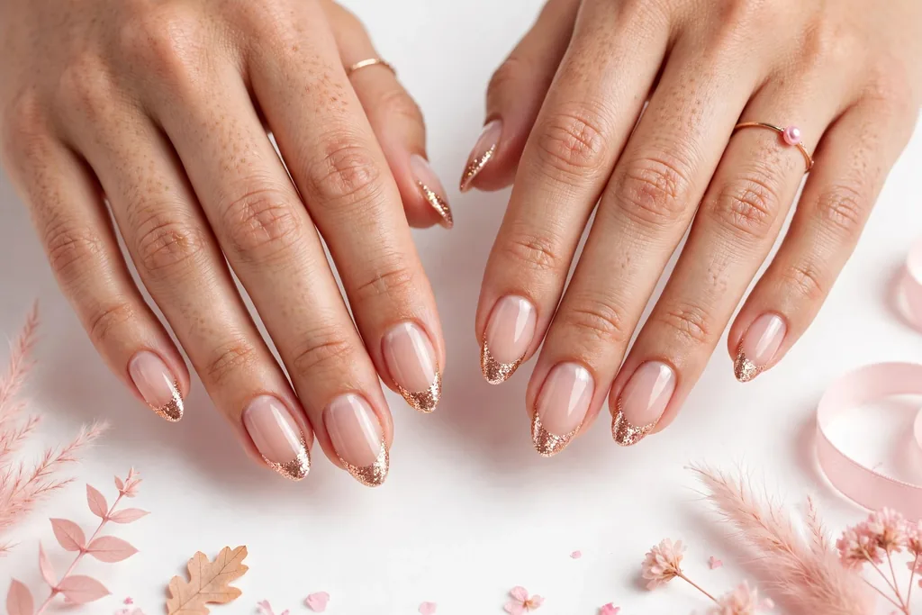 Rose Gold Glitter Friendsgiving French Tip Nails Friendsgiving French tip nails with rose gold glitter tips on a sheer nude base, shown on medium almond nails.