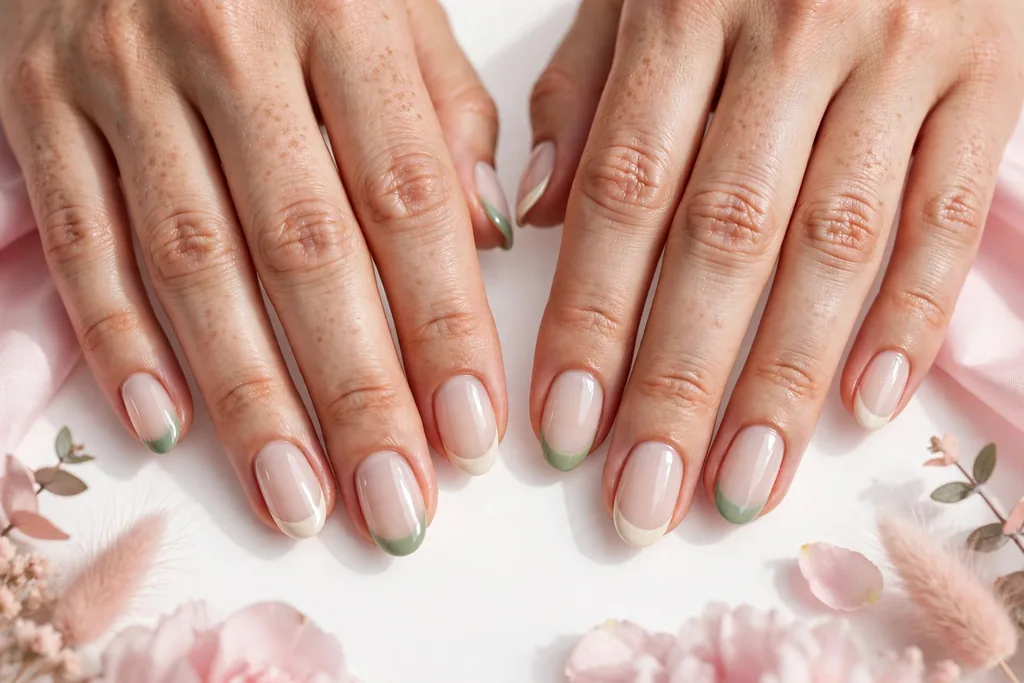 Sage and Cream Friendsgiving French Tip Nails Friendsgiving French tip nails alternating soft sage green and cream tips on a milky nude base, shown on medium oval nails.