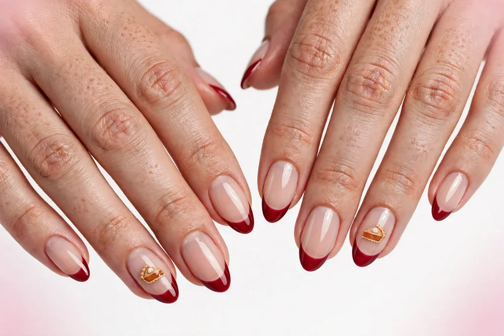 Tiny Pie Accent Friendsgiving French Tip Nails Friendsgiving French tip nails with cranberry red tips and one tiny pumpkin pie slice painted on each ring finger accent nail, shown on medium almond nails with a sheer nude base.