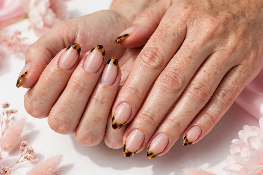 Tortoiseshell Friendsgiving French Tip Nails Friendsgiving French tip nails with tortoiseshell tips in mottled amber, caramel, and dark brown on a sheer nude base, shown on medium almond nails.