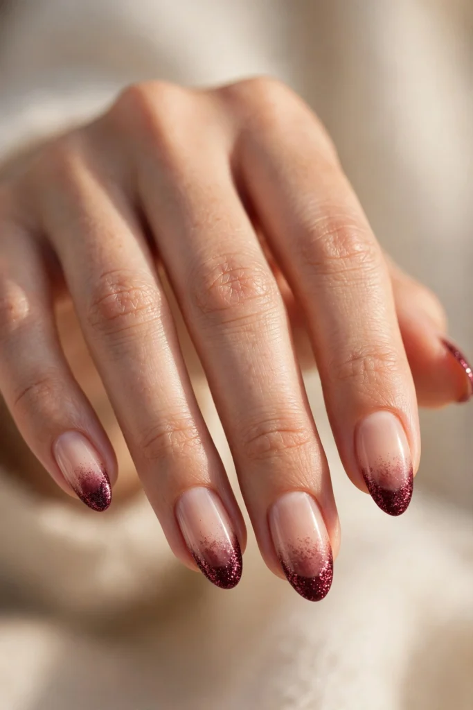 Almond nails with burgundy glitter French tips fading into a soft ombre gradient.