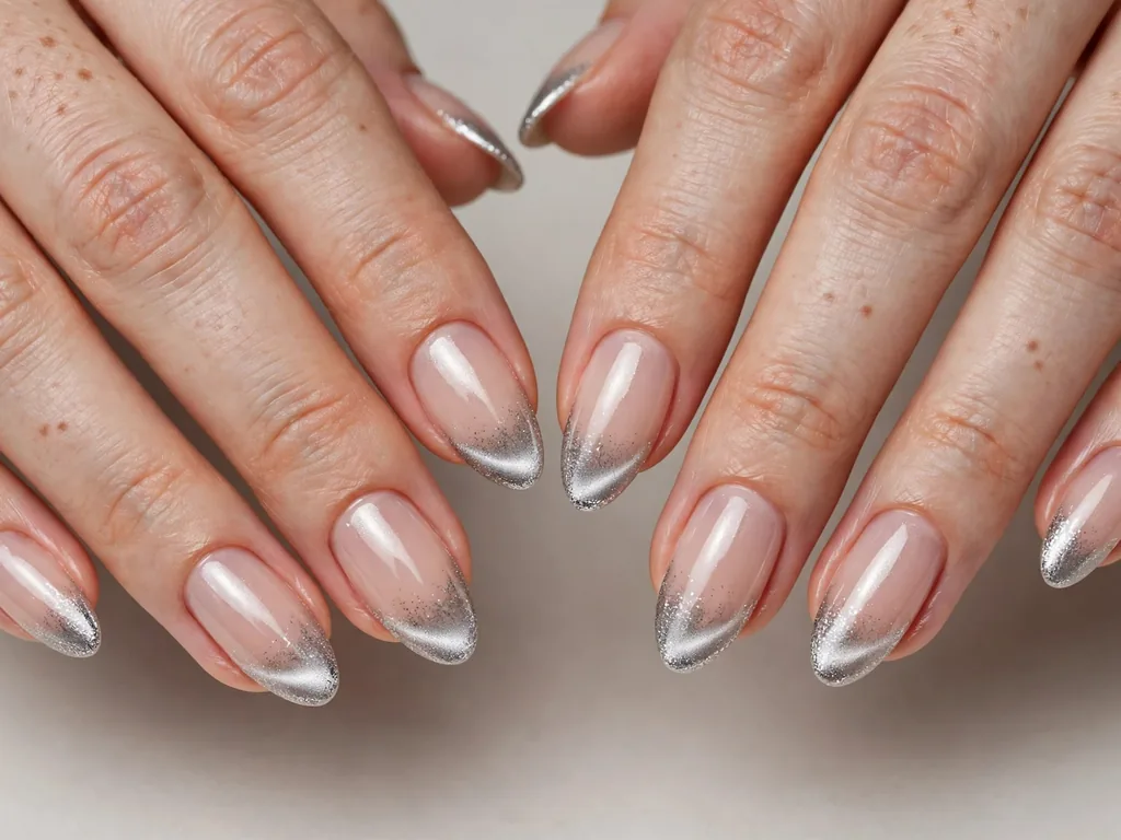 Cat eye French tip nails with a fine glitter fade over silver tips