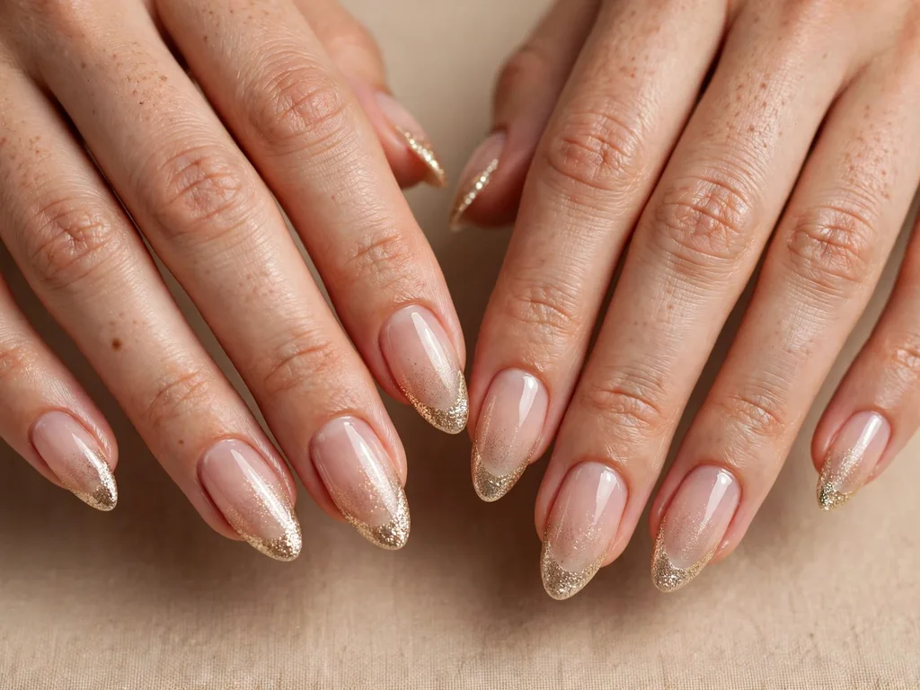Champagne gold glitter fade French tip nails on almond-shaped nails