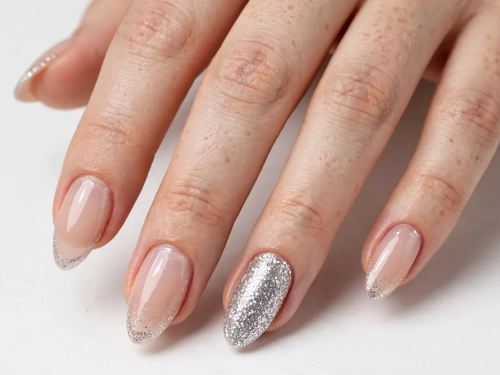 Glitter French tip nails with one fully glittered accent nail on almond nails