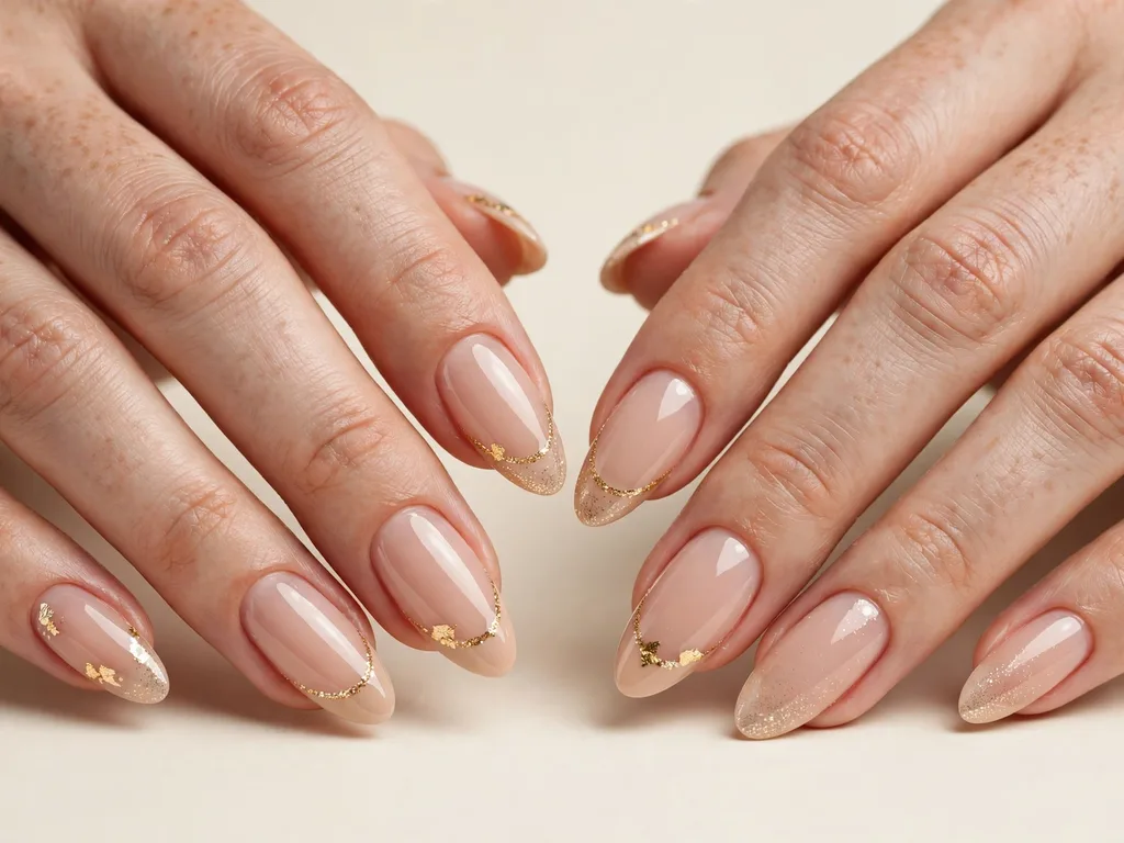 French tip nails with fine gold glitter and gold foil flakes on almond nails