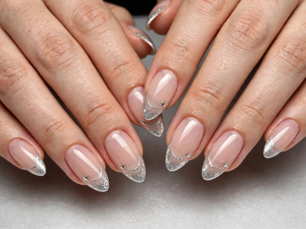 Silver glitter French tip nails with tiny star accents on almond nails