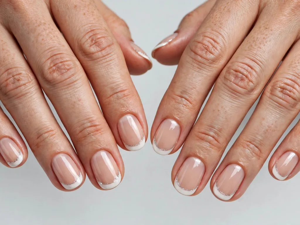 White French tip nails with a fine silver glitter line along the smile line on oval nails