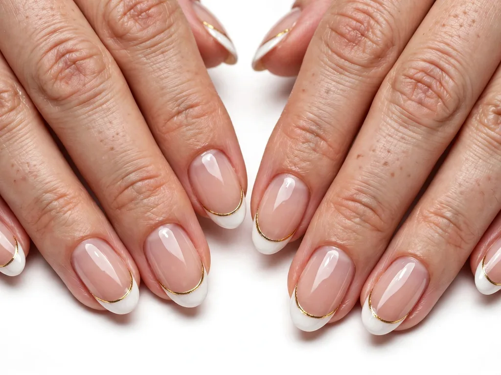 Gold and white French tip nails combining a white tip with gold accents on oval nails
