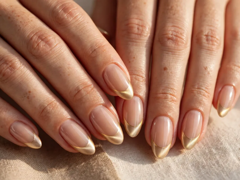 Gold cat eye French tip nails with a champagne glow on almond nails