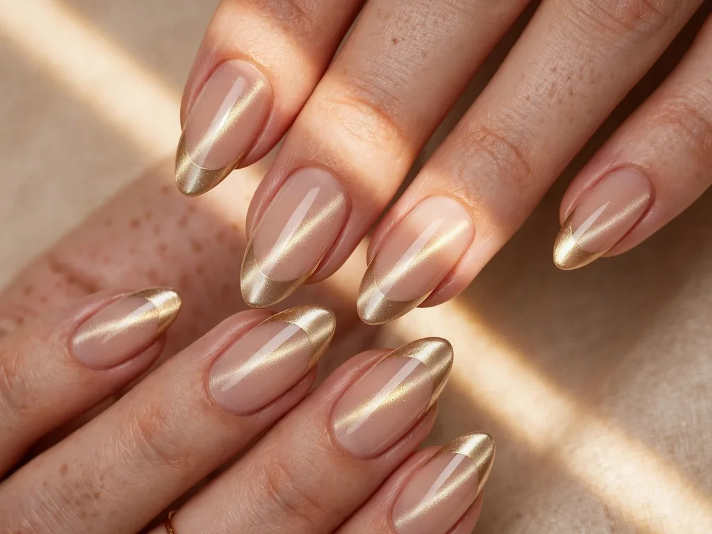 Gold cat eye French tip nails with a glowing magnetic band on almond nails
