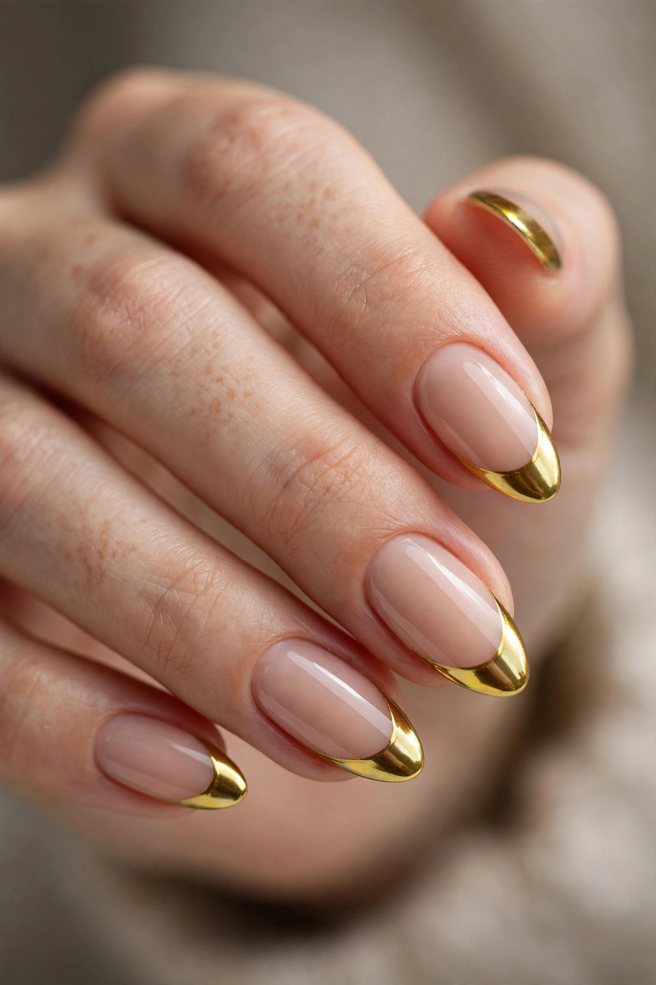 Almond nails with metallic gold-yellow chrome French tips over a nude base.