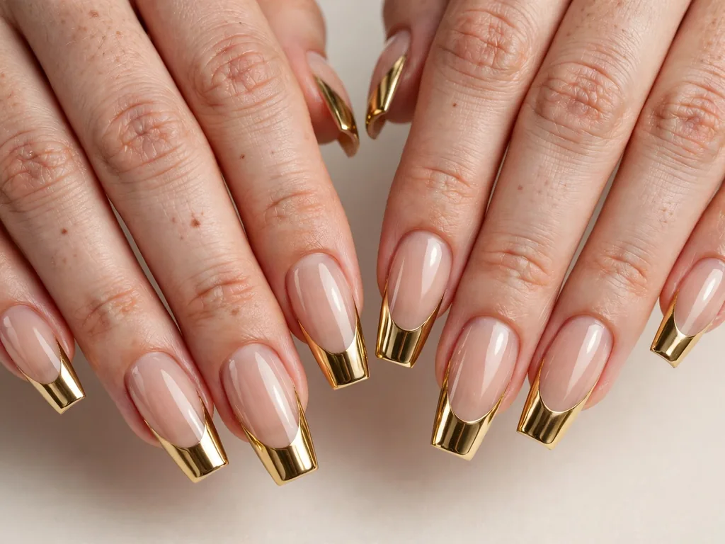 Gold chrome French tip nails with a mirror shine on coffin nails