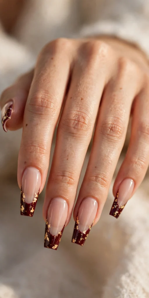 Long coffin nails with deep burgundy French tips scattered with irregular gold foil flecks.