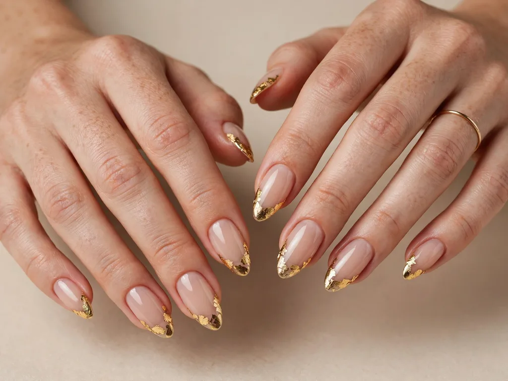 Gold foil French tip nails with irregular foil flakes on almond nails