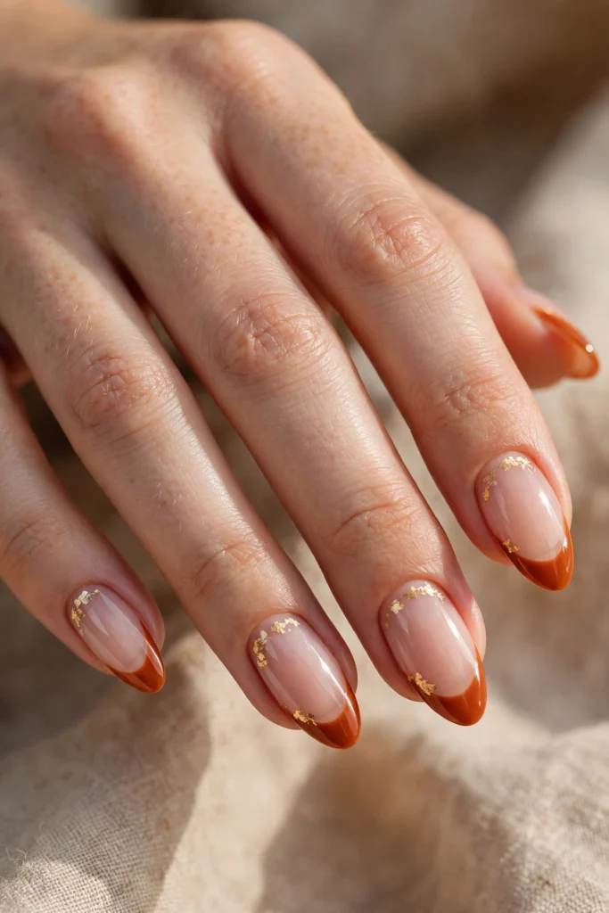 Close-up of almond nails with burnt orange French tips and delicate scattered gold foil flakes near the cuticle