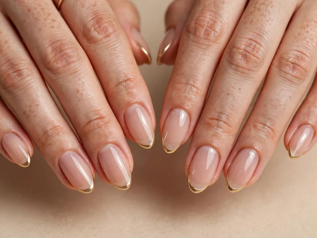 Classic thin gold French tip nails on almond-shaped nails