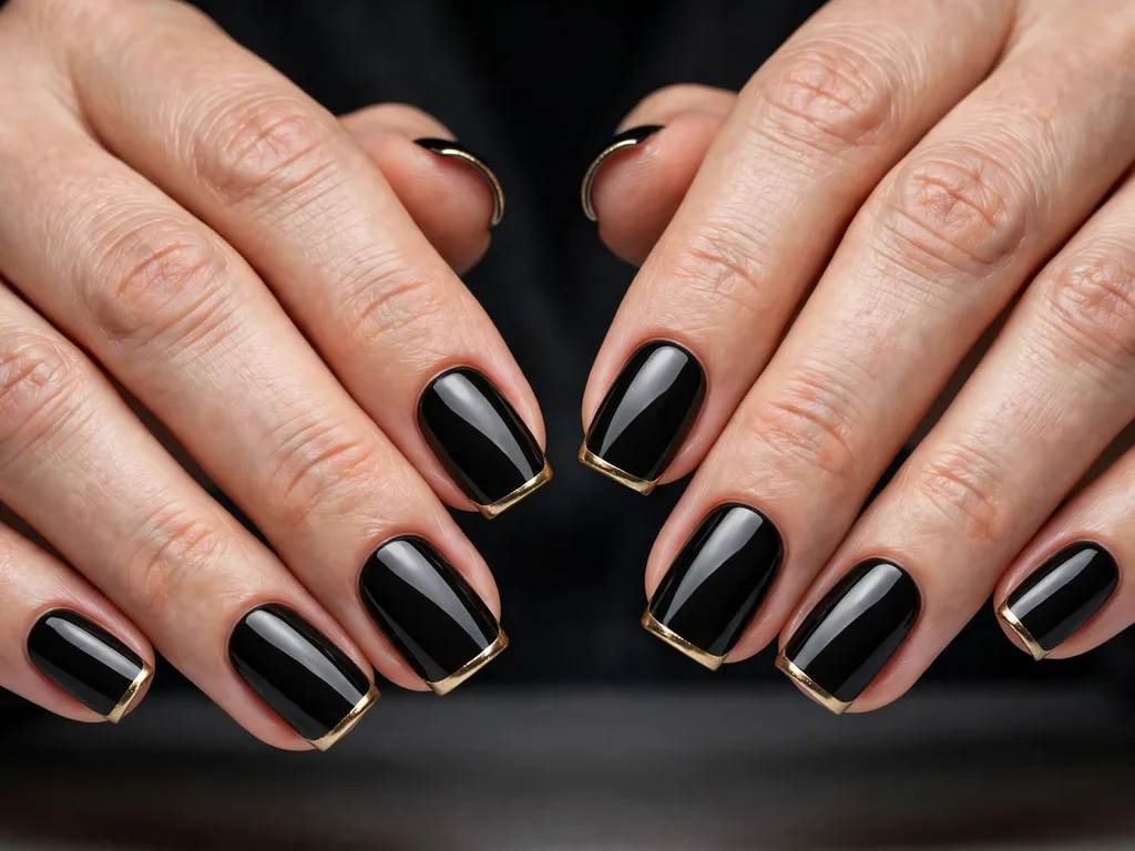 Gold French tip nails with a black base color on square nails