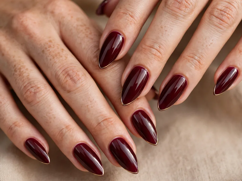 Gold French tip nails with a burgundy base color on medium almond nails