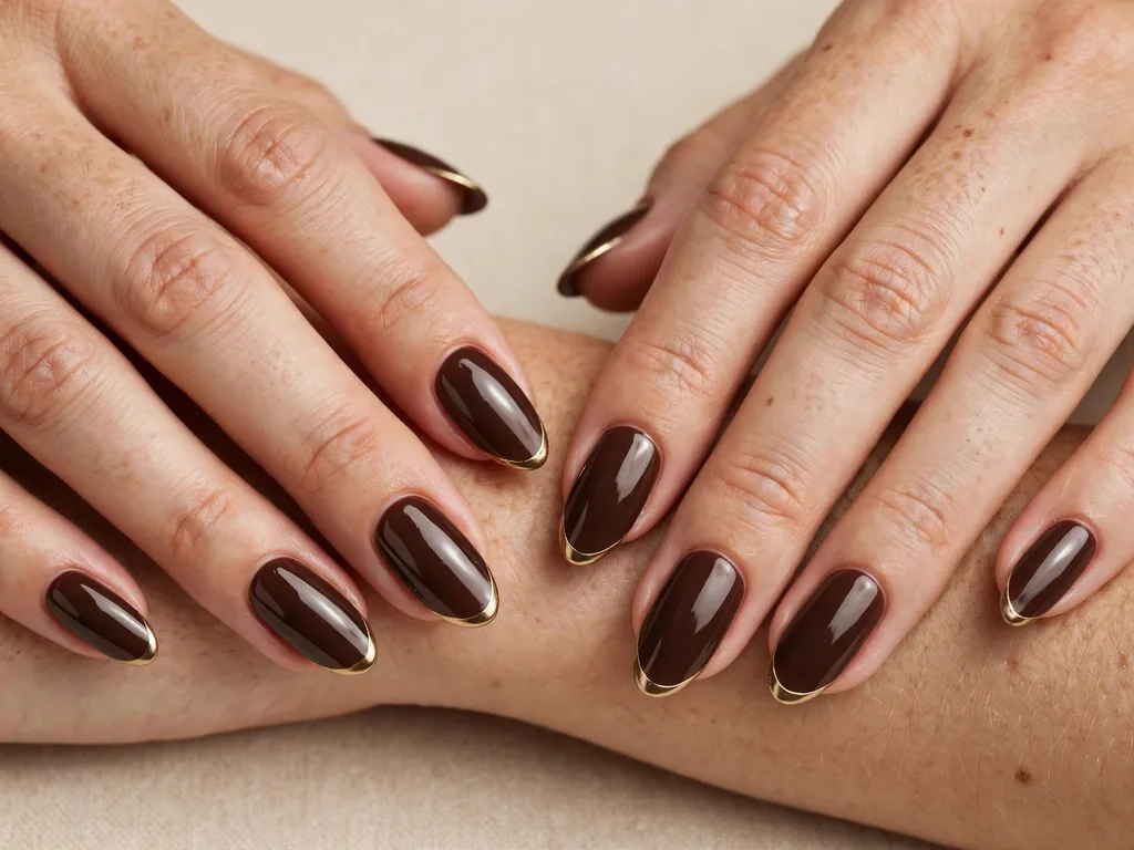 Gold French tip nails with a chocolate brown base color on almond nails