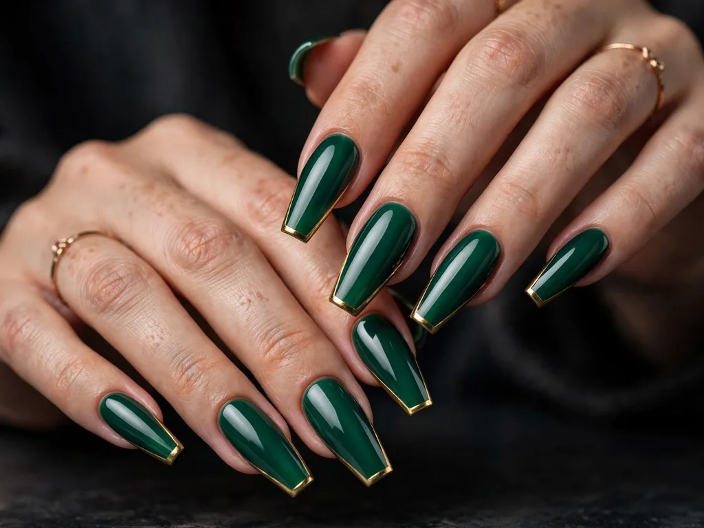Gold French tip nails with an emerald green base color on coffin nails