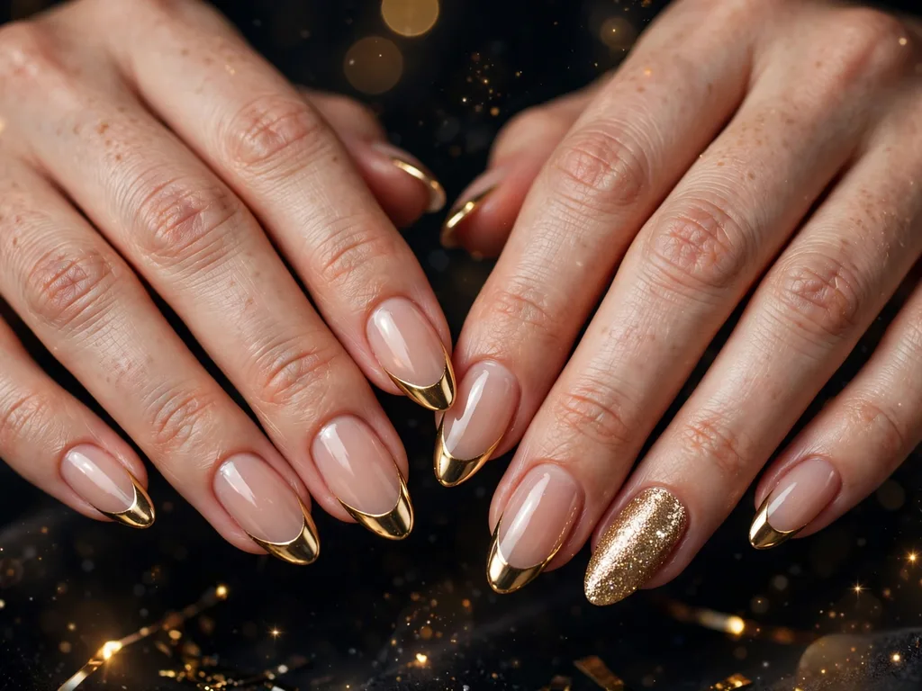 Gold French tip nails for New Year's Eve with glitter and chrome accents