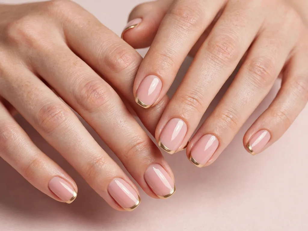 Gold French tip nails on a blush pink base on almond nails
