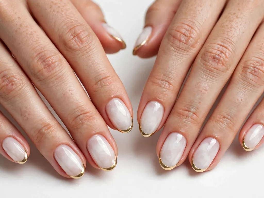 Gold French tip nails on a milky white base on oval nails