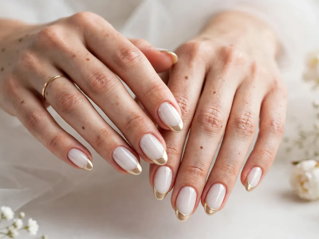 Gold French tip nails for a wedding guest in champagne gold on almond nails