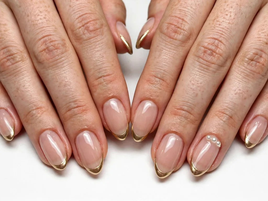 Gold French tip nails with tiny pearls along the smile line
