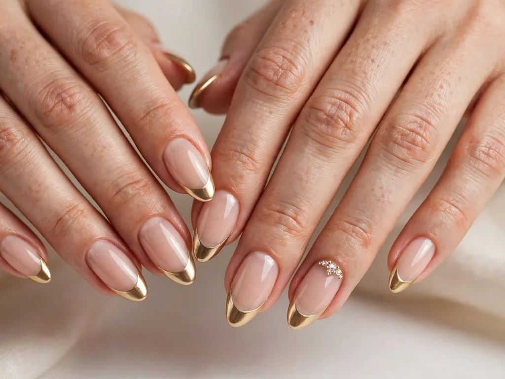 Gold French tip nails with small rhinestones on the ring finger