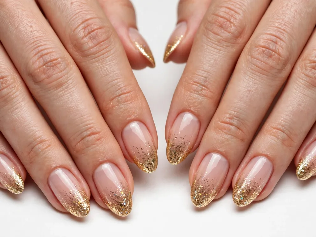 Gold glitter fade French tip nails on medium almond nails