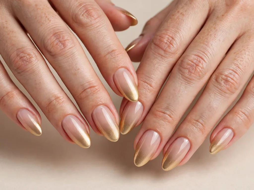 Gold ombre French tip nails fading from nude to gold on almond nails