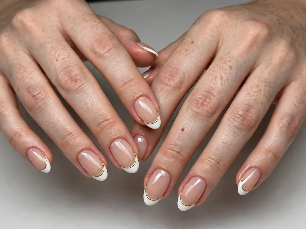 Gold outline French tip nails framing a white tip on oval nails