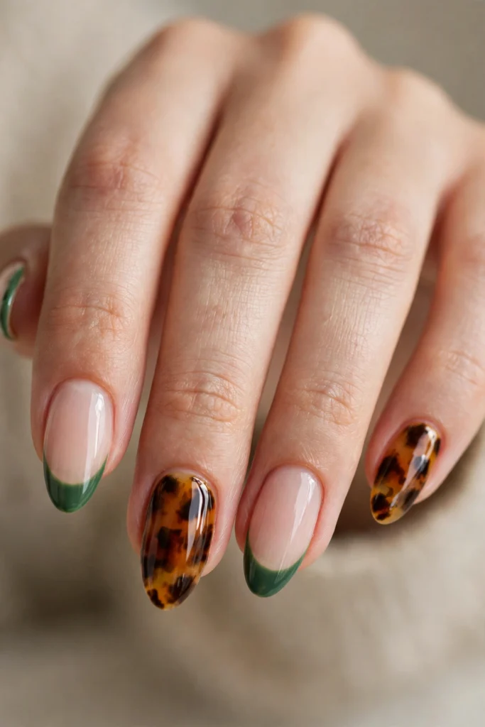 Almond nails with green French tips and two tortoiseshell-pattern accent nails.