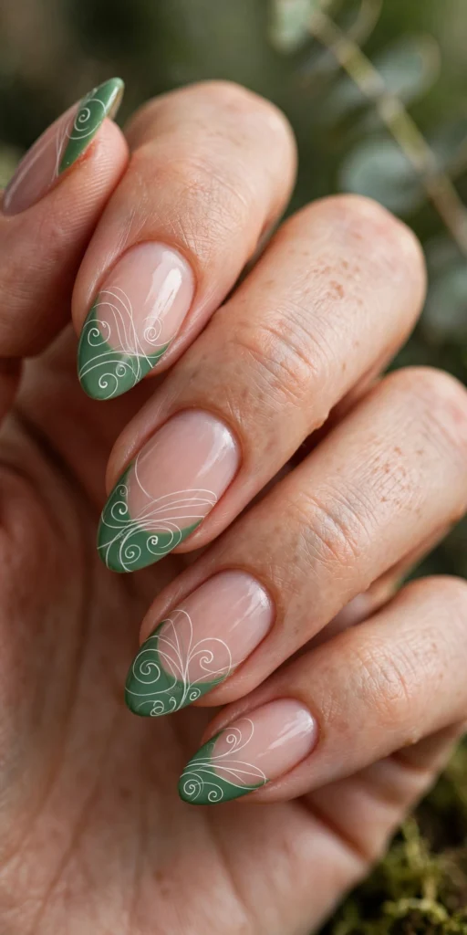 Almond nails with green French tips decorated with thin white swirl line art over the tips.