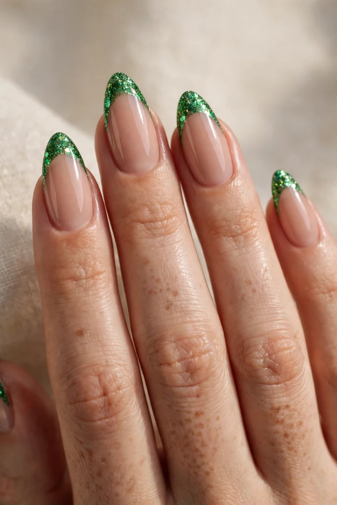 Almond nails with sparkling green glitter French tips over a glossy nude base.