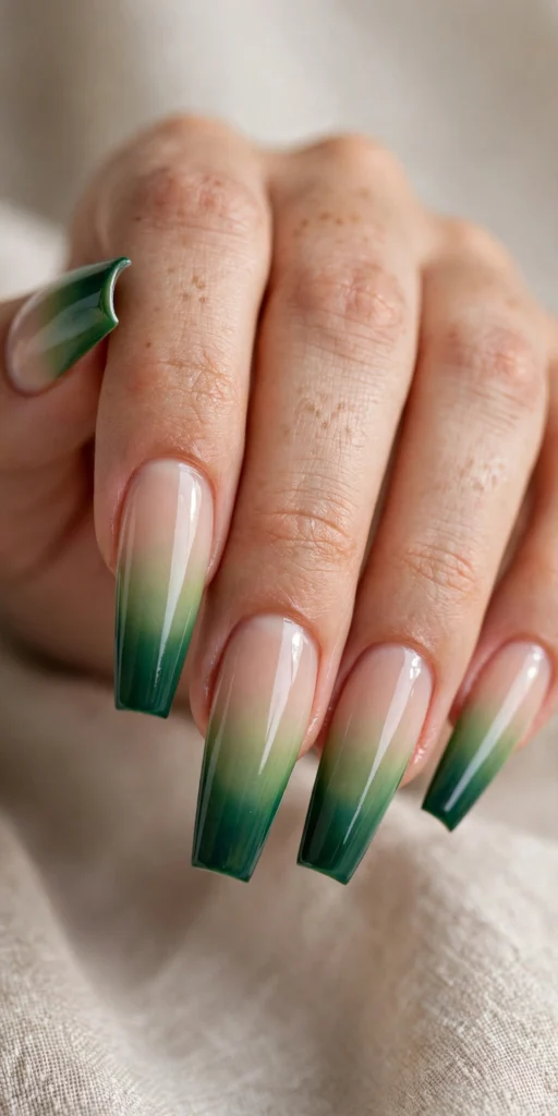 Long coffin nails with a green ombre gradient fading from a nude base into deep green tips.