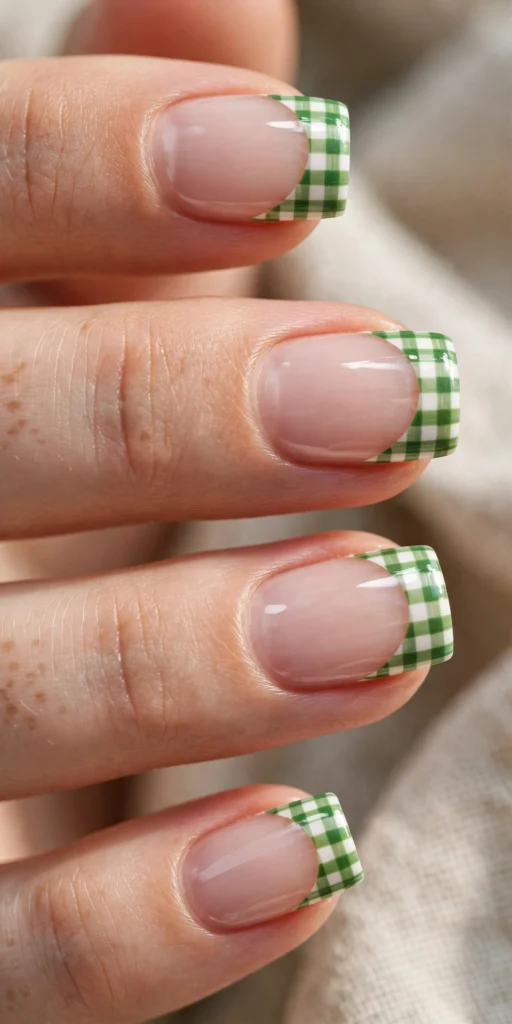 Square nails with green and white checkered gingham-pattern French tips.