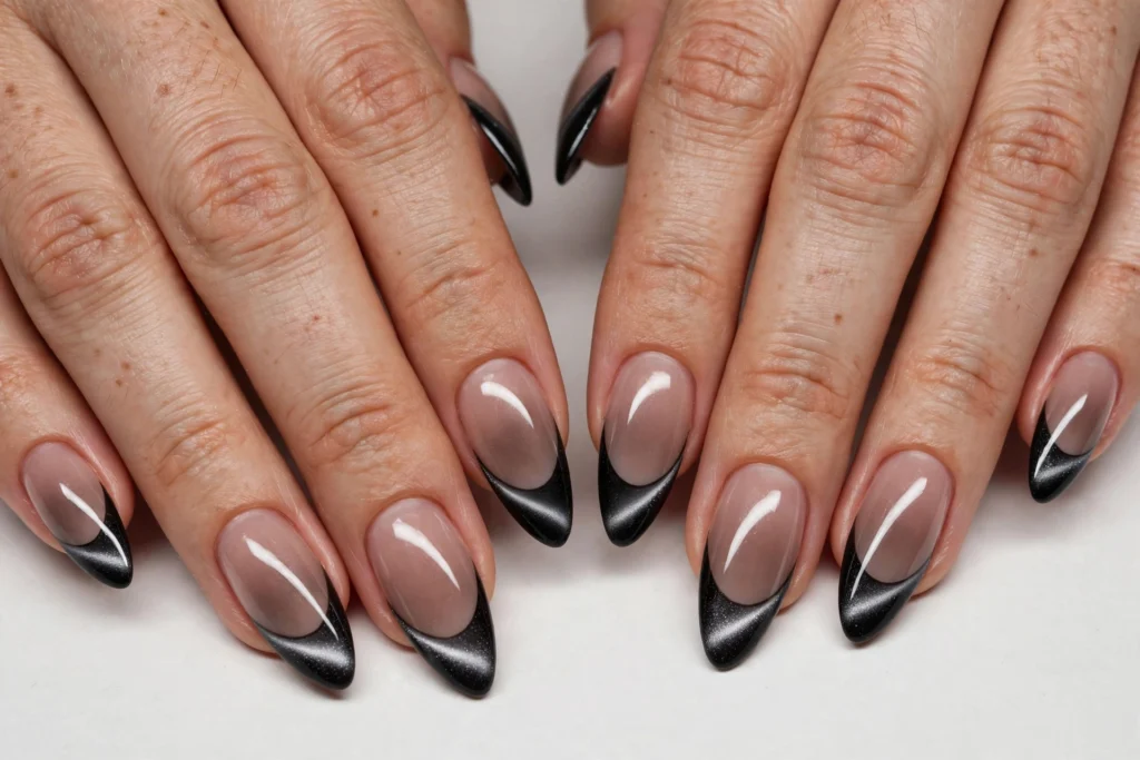 Black Cat-Eye Halloween French Tip Nails Halloween French tip nails with black magnetic cat-eye tips with a soft velvet light band on a smoky nude base, shown on long almond nails.