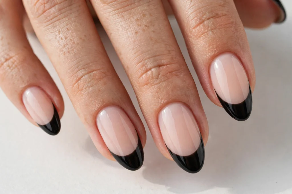 Jet Black Halloween French Tip Nails French tip nails with jet black glossy tips on a milky nude base, shown on medium almond nails.