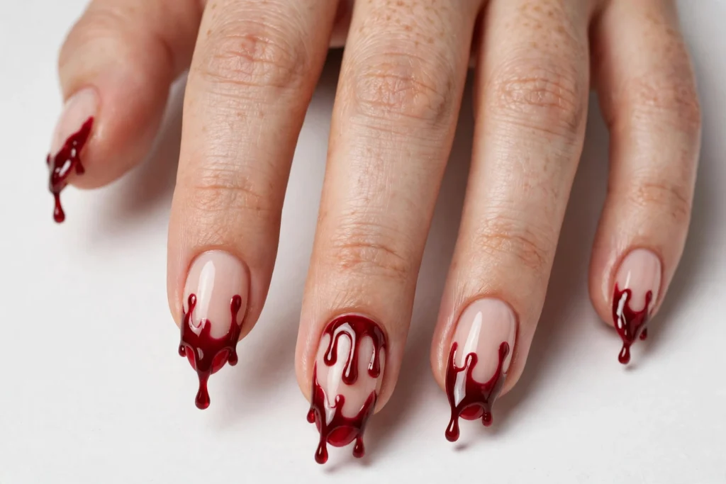 Blood Drip Halloween French Tip Nails Halloween French tip nails with deep red blood-drip tips of uneven lengths on a pale nude base, shown on medium almond nails.