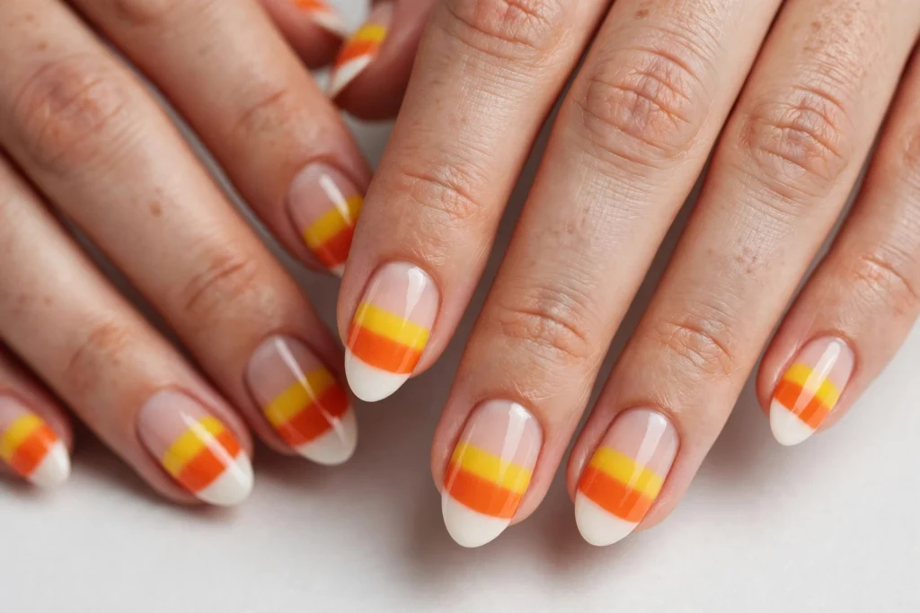 Candy Corn Halloween French Tip Nails Halloween French tip nails with candy corn tips in bands of white, orange, and yellow on short almond nails.