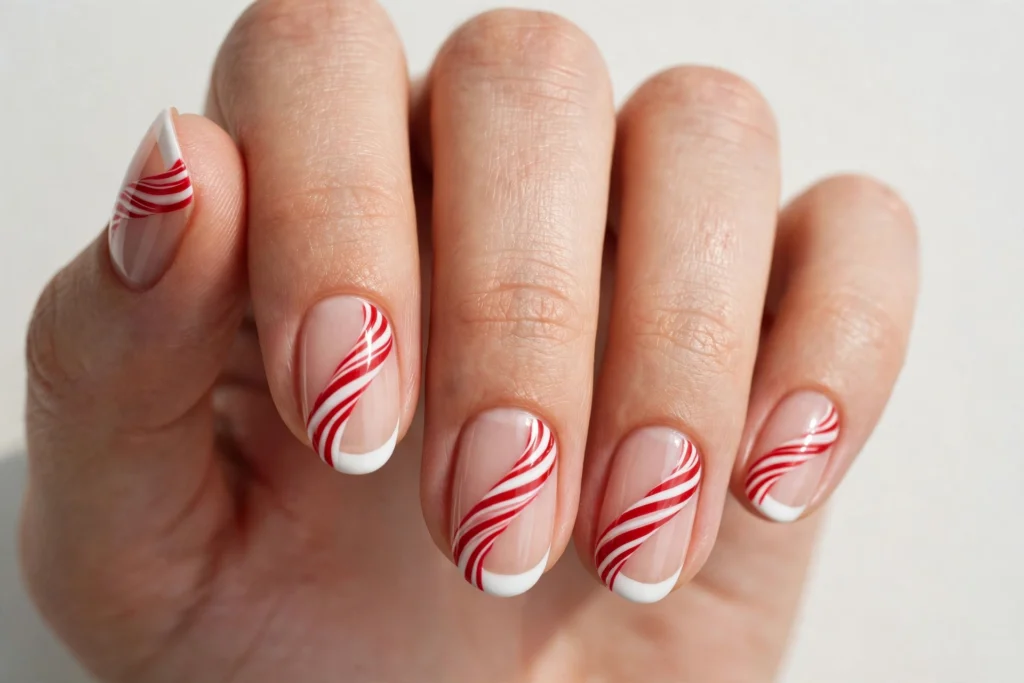 Candy Swirl Halloween French Tip Nails Halloween French tip nails with white tips and red diagonal candy swirl stripes on a sheer nude base, shown on short oval nails.