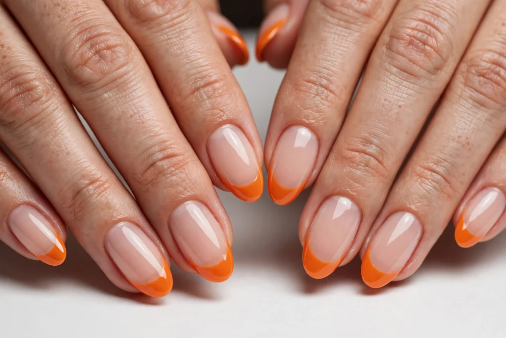 Classic Orange Halloween French Tip Nails Classic French tip nails with bright pumpkin orange tips and a glossy finish on medium almond nails with a sheer nude base.