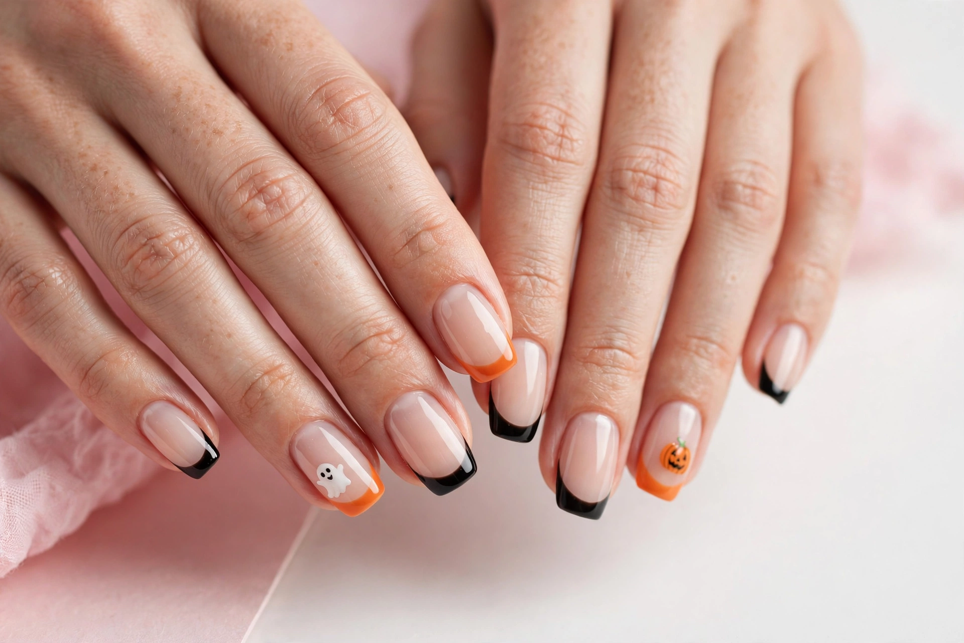 Halloween French tip nails with black and orange tips and tiny ghost and pumpkin art on a nude base, shown on a woman's hands against a white and soft pink background.