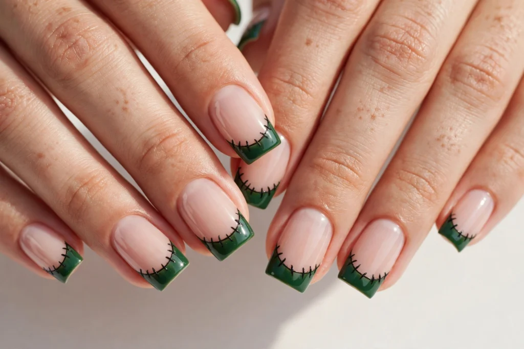 Frankenstein Stitch Halloween French Tip Nails Halloween French tip nails with green tips and short black stitch marks along the smile line on a sheer nude base, shown on medium square nails.
