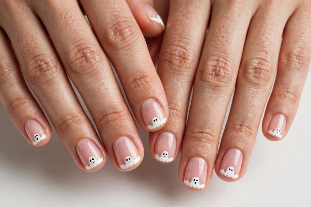 Ghost Halloween French Tip Nails Cute Halloween French tip nails with white ghost-shaped tips with tiny black eyes and mouths on a sheer pink base, shown on short squoval nails.