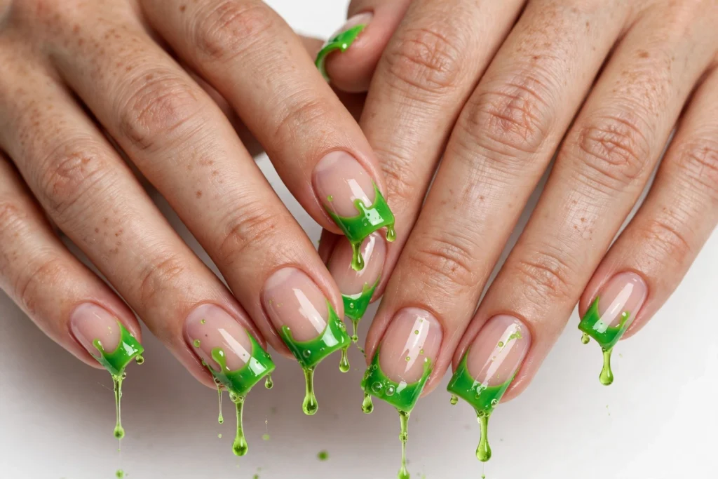 Green Slime Halloween French Tip Nails Halloween French tip nails with bright green slime-drip tips with a glossy wet look on a sheer nude base, shown on medium square nails.